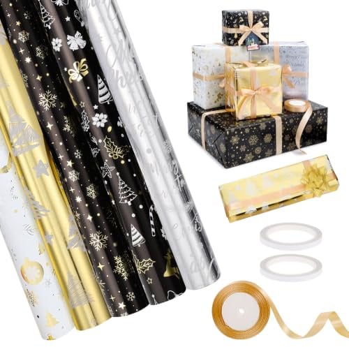 woric 5 Rollen Geschenkpapier Weihnachten, 5 Stile Weihnachtspapier mit Schleifenband Weihnachtsgeschenkpapier Rollen für Geschenkverpackung Weihnachten (43cm x 3m)