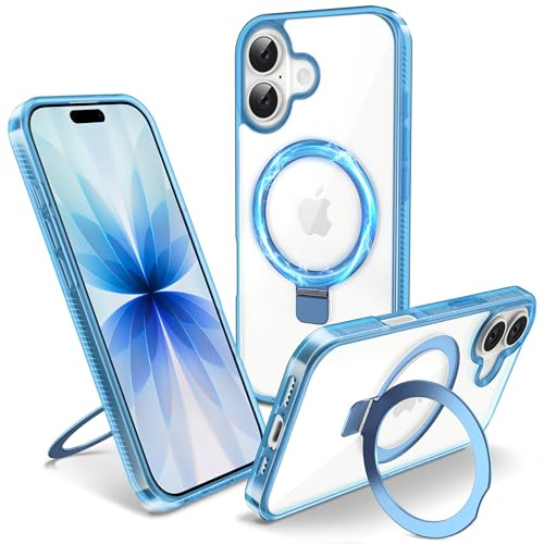 Flyzoo Magnetic Kickstand Case for iPhone 17, [Compatible with MagSafe & Invisible Ring Stand Holder] [Non-Yellowing & Shockproof] Clear Transparent Hard Silicone Edge Cover, 6.3'', Clear Blue