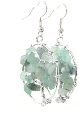 Orecchini pendenti Albero della Vita con avventurina verde, ottone argentato e ganci in acciaio inox – Fatto a mano in Francia