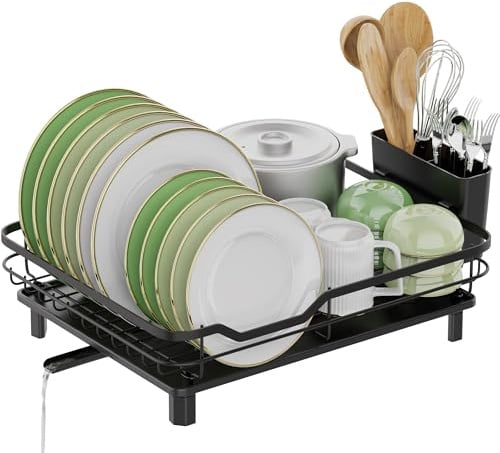 Rottogoon Dish Drainer Rack - Space Saving Dish Rack for Kitchen Counter | Stainless Steel Dish Drying Rack With Drainage Spout, Cups Utensil & Cutting Board Holders, Large Capacity, Black