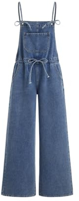 CIDER Denim Overalls for Women Loose Fit Bowknot Drawstring Wide Leg Jean Overalls with Adjustable Straps: Mid Blue, XL