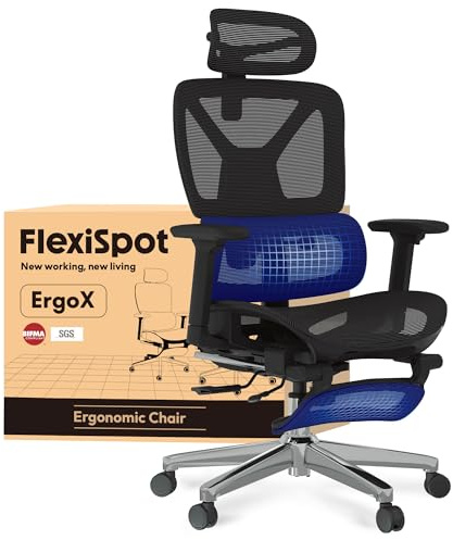 FLEXISPOT ErgoX Ergonomic Office Chair with Footrest for Home Office, Desk Chair with 3D Armrests, 3D Headrest, 5D Adjustable Backrest, Breathable Seat, Maximum Load 136 kg,Mesh Office Chair,Black