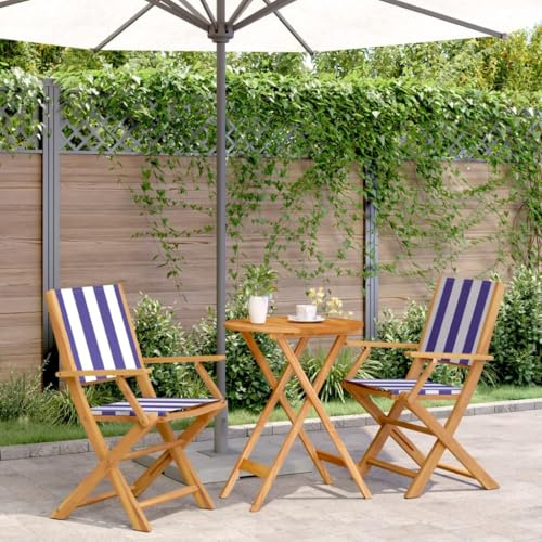 QJBSAVVA Klappbares 3-TLG. Bistro-Set aus Akazien-Massivholz 60 x 75 cm, Blau-Weiß Stoff, klappbare Gartenstühle mit Armlehne, Outdoor-Möbel für Balkon Garten Terrasse