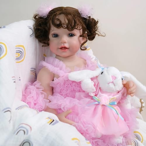 YIHANGG Reborn Puppen Lebensecht 55cm Reborn Baby Mädchen mit Augen auf Babypuppen Vollsilikon mit Langes Haar Weihnachten Geburtstag Geschenke