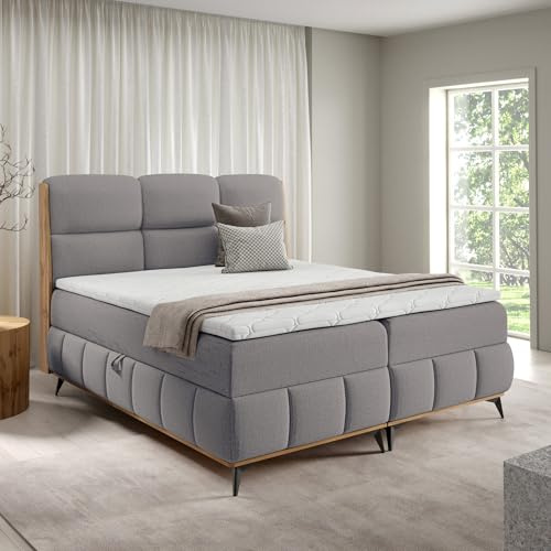 Home Collective Boxspringbett Polsterbett Doppelbett Bett mit Stauraum und Topper inklusive | modernes Design mit edlen Holzdetails Schlafzimmer Jugendzimmer Möbel | Grau 120x200 cm