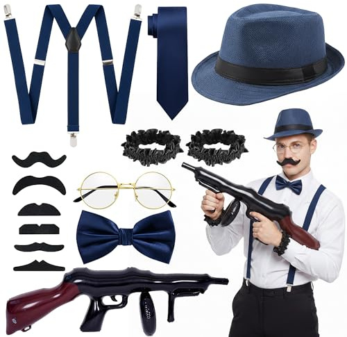 Xietaea 20er Jahre Kostüm Accessories Herren - Mafia Peaky Blinders fliege hosenträger Hut Krawatte Bärte und Brille, 1920 Zubehör für Halloween Karneval Cosplay Party Fasching