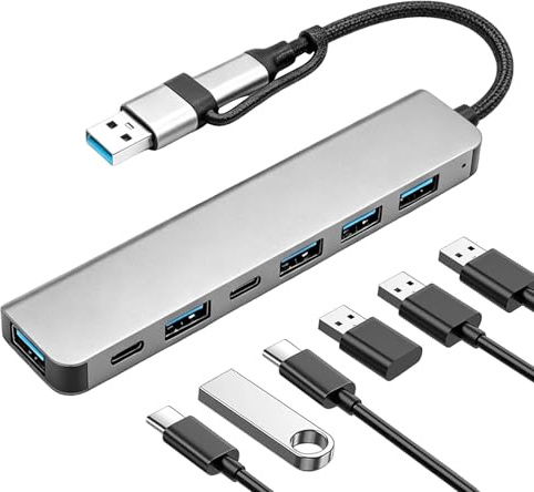 Hub USB, 7 in 1 Hub USB C, Porte USB Multiple per PC, 4× USB 2.0, 1× USB 3.0, 2 x Porte Dati USBC, HDMI 4K@30HZ, per Laptop, Tablet Telefoni, Compatibile per MacBook Pro, Air/Dell/Lenovo/HP