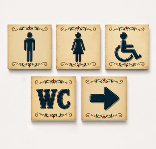 GOYAPRINT Pack 5 Carteles Aseos Vintage 12x12 cm – Hombre, Mujer, WC, Discapacitados y Flecha – PVC Rígido de 5 mm – Señalización Decorativa para Baños, Bares, Restaurantes, Casas Rurales y Comercios