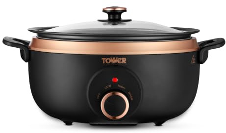 Tower Sear & Stew 3.5L Slow Cooker with Aluminium Hob-Safe Pot, One Pot Cooking, Non-Stick & Dishwasher Safe, 3 Heat Settings, 170W, Black & Rose Gold, T19067RGB