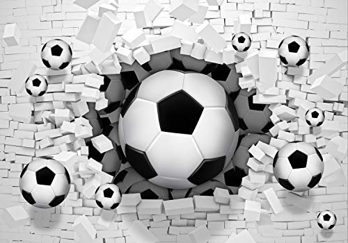 wandmotiv24 Fototapete Fussball Wanddurchbruch 3D, XXL 400 x 280 cm - 8 Teile, Wanddeko, Wandbild, Wandtapete, Sport, Loch, Ziegel M1287