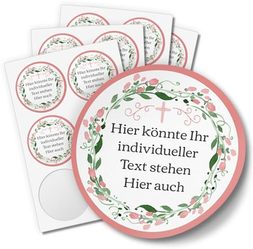 24 schöne INDIVIDUELLE runde Etiketten SELBER GESTALTEN: Vintage aquarell Blumen rosa Kreuz - Personalisierte Aufkleber für Hochzeit, Taufe, Konfirmation, Kommunion, Produkte, Ostern, Geburtstag