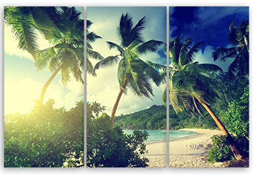 Bilderdepot24 hochwertiges Leinwandbild - Landschaft Serie - Sonnenuntergang am Strand Takamaka, Mahé - Seychellen - 90 x 60 cm mehrteilig (3 teilig) 3142 D