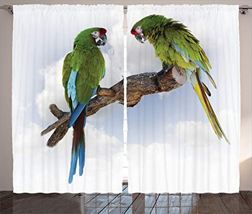 ABAKUHAUS Tropisch Rustikaler Gardine, 2 Parrot Ara Vogel, Schlafzimmer Kräuselband Vorhang mit Schlaufen und Haken, 280 x 225 cm, Weiß Grün