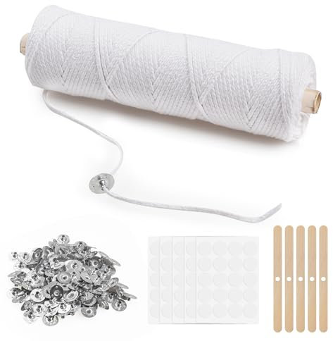 VABNEER Kerzendochte für Kerzen, 1 Rolle 100m Geflochtene Dochte mit 100 Stück Kerzendochthalter für Kerzen Flachdocht aus Baumwolle für DIY Kerzenherstellung Max 1 3/4 Zoll Durchmesser