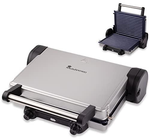 MasterPro Foodies – Gril de contact pour sandwich, 2 plaques amovibles, antiadhésif, réglage de la température, système de collecte d'huile, bbarbecue de table pliable à 180° et vertical, 2100 W