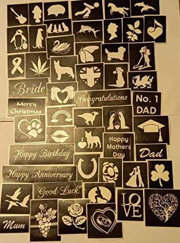 Ätz-Starter-Set mit 100 beliebtesten verschiedenen Schablonen-Designs zum Üben von Ätzen auf Glaswaren