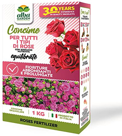 Albagarden - Concime Rose Granulare - 1 KG - Fertilizzante Per Abbondanti Fioriture - Ottimo Per Rose Rampicanti E Tutte Le Varietà In Terra E In Vaso