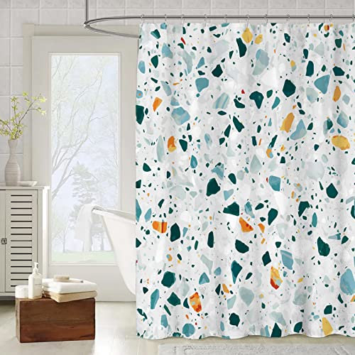OCEUMACO 3D Motif Rideau de Douche Anti Moisissure Effet Marbre Terrazzo Imprimé Rideaux Baignoire Home Long Qualité Polyester Tissu Imperméable 180x180 cm Lavable Machine - Gris Bleu Canard