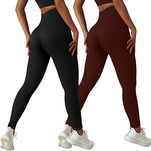 Xunerloy 2er-Pack Leggings Damen Sport Gym Leggins Sporthose High Waist Seamless Gerippte Fitness Yoga Leggings Damen Lang Shape Sportleggings Blickdicht Schwarz Braun - S