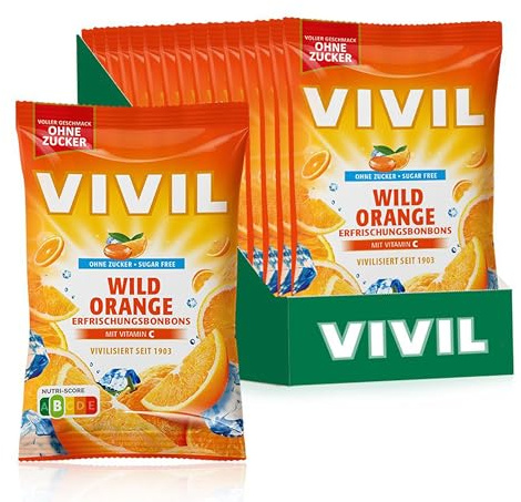 VIVIL Wild Orange, Vitamin C, zuckerfreie Erfrischungsbonbons, 15 x 120 g | Fruchtige Rezeptur, fein abgestimmt, Familienpackung für Zuhause und Büro, Hergestellt in eigener Produktion in Deutschland