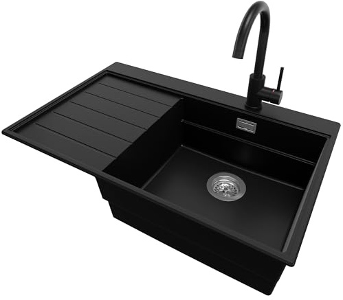 PRIMAGRAN Granitspüle ab 50er Unterschrank + Küchenarmatur, 78x50cm | Set: Küchenarmatur BW5010 + Ablauf-Set (Siphon, Ablaufgarnitur, Überlauf) + Spülbecken 1 Becken - Sydney Ergo, Schwarz
