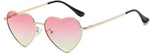 RUNHUIS Polarisiert Herzform Sonnenbrille Damen Herren Hippie Brille Vintage Liebe Sonnenbrille für Festival Party Gold Metallrahmen mit UV400(Gold/Gelb-rosa)