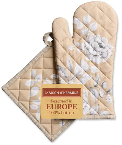 Maison d' Hermine Ofenhandschuh (19cm x 33cm) und Topflappen (20cm x 20cm) aus 100% Baumwolle, hitzebeständige Kombination für Grillen, Kochen, Hochzeit, Pretty Autumn – Erntedankfest/Weihnachten