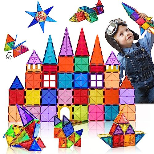 KiuKieya Magnetische Bausteine Magnetbausteine 34 Teile Magnetspiel Magnete Kinder Magnet Spielzeug ab 3 4 5 6 7 Jahre Jungen Mädchen Weihnachten Geburtstags Geschenk Junge Mädchen ab 3 4 5 6 7 Jahre