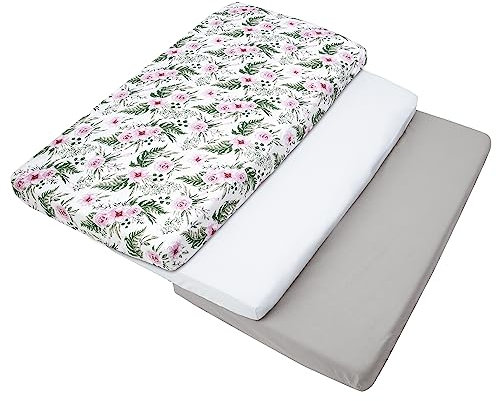 Medi Partners Drap Housse 60x120 Lot de 3 Draps lit Bebe Matelas Enfant Bébé - 100% Coton Fitted Draps Lit pour Baby Bed Cover Sheets Matela literie Mattress Couette (Fleurs Roses-Blanc-Gris)
