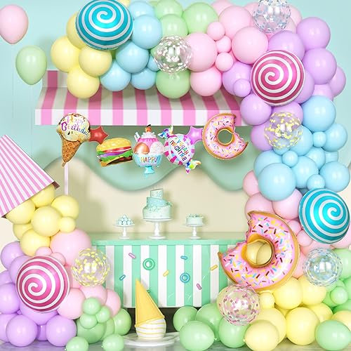 Ousuga Palloncini Pastello 135Pezzi Palloncino Macaron Rosa Viola Blu Verde Giallo Ciambella Arco Ghirlanda Gelato Caramelle Palloncini Compleanno Matrimonio Baby Shower Ragazze Donne Decor Festa