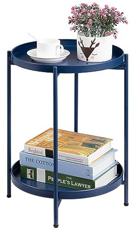 HollyHOME 2-Tier Round Side Table, Outdoor Small Folding Accent Stand with Removable Tray, Anti-Rust Metal Asional Table for Balcony Patio Living Room, Nightstand for Bedroom(Navy Blue)