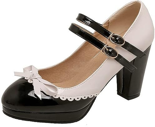 MOLIMI Damen Knöchelriemen Rockabilly Pump Mary Janes mit Schleife Retro Round Toe Schuh Oxford Plateauschuhe,42,Black