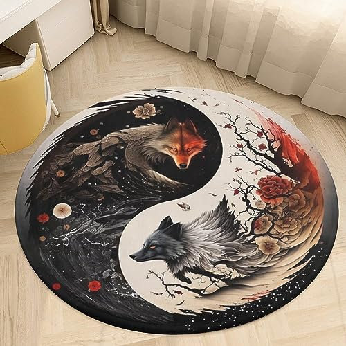 Runder Teppich mit 3D-Druck, Wikinger-Wolf, Einzigartiger Nordischer Mythos, Heimdekoration, Weiche, rutschfeste, Waschbare Matte für Schlafzimmer, Wohnzimmer, Büro (Color : Wolf G, Size : 80cmx80cm