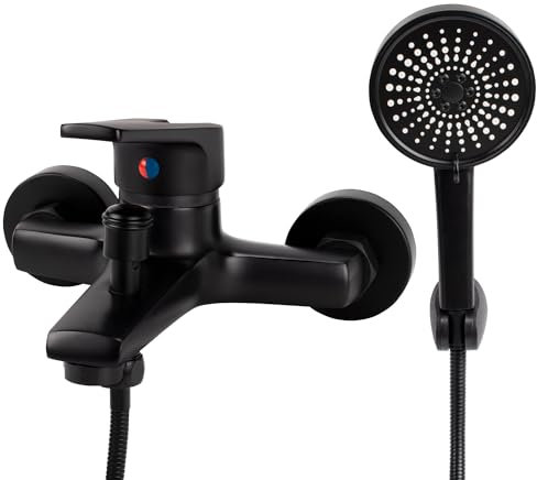 Badewannenarmatur mit Handbrause,Duscharmatur Wasserhahn Messing Wannenarmatur Wandmontage Badarmatur Handbrause mit 5 Funktionen Badewannenhahn mit Druckschalter Duschsysteme für Badezimmer(Schwarz)
