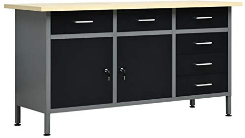 NITCA Banco da Lavoro in Acciaio, con Cassetti e Armadietti con Serratura, Tavolo da Lavoro Garage, Banco da Lavoro Officina, Regolabile in Altezza, Nero 160x60x85 cm Tipo 2