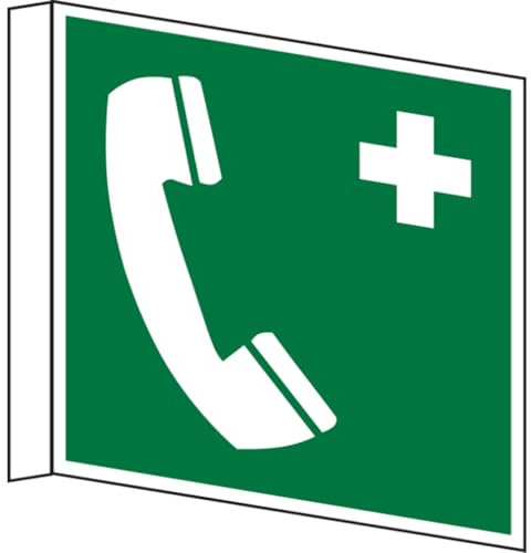 Dreifke® Rettungszeichen, Notruftelefon E004 Fahnenschild | PVC langnachleuchtend | 150x150 mm | ASR A1.3 (DIN EN ISO 7010), grün/weiß, 1 Stk