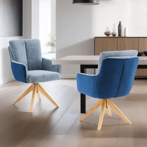 Zouron 2er Set Armlehnenstuhl Sessel Gepolsterter Armlehnensessel, Einzelsofa Loungesessel für Wohnzimmer Modern Armsessel mit Eichenfüße, Sitzfläche aus Leinen, 360° drehbar, Blau & Dunkelblau