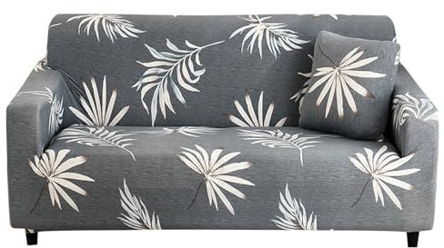 Bishilin Couchbezug Stretch Eckcouch, Sofa Überzug 4 Sitzer 235-300CM Bedruckt mit Blätter Muster Sofaüberwurf Sofabezug Ecksofa Universal Grau