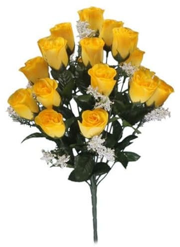 Endless Creations Artificial Rose Buds (18 Heads, 45cm) – Realistic Silk Flower Bush for Weddings, Graveside Memorials, Home Decor & More (1, Yellow)