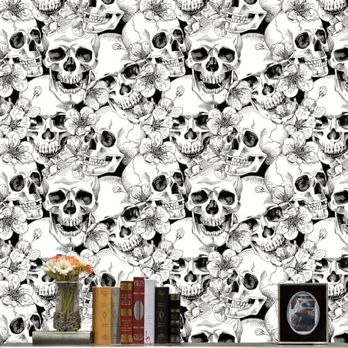 Selbstklebende Tapete Schwarz Weiß,44.5 x 500cm Tapete Selbstklebend Totenkopf Gothic Tapete Blumen Totenköpfen Abstrakt Klebefolie Möbelfolie Selbstklebend für Badezimmer Wohnzimmer Schlafzimmer