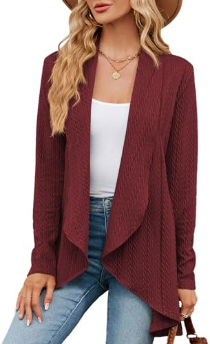 CHANGMU Cardigans for Women Long Sleeve Ladies Open Front Waterfall Cardigan Casual Sweater Coats Knit Draped Outerwear, Wine Red, X-Large