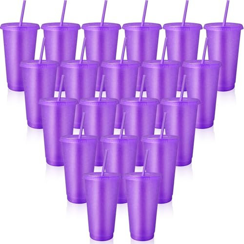 ASMIZ 24 Pcs Purple Plastic Large Cups with Lids and Straws, 24 oz Reusable Glitter Cold Drinks Tumbler Bulk, Coloured Iced Coffee Cup Travel Mug for Smoothie, Juices, Birthdays, Flamingo Party