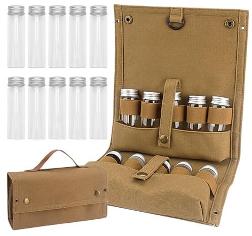 Tissting Camping Spice Kit, 10 Pcs Portable Spice Jars Containers Travel Salt and Pepper Sets with Khaki Storage Bag, Portable Seasoning Bottles for Outdoor Travel Camping BBQ Picnic