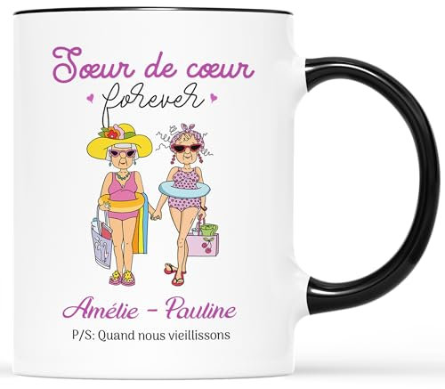 𝗖𝗔𝗗𝗘𝗔𝗨 𝗣𝗟𝗨𝗦 Mug Personnalisé Prénom - Sœur De Cœur Forever - Cadeau Meilleure Amie, Cadeau Soeur Anniversaire, Mug Soeur Personnalisé, Tasse Personnalisable Meilleure Amie, Tasse Soeur