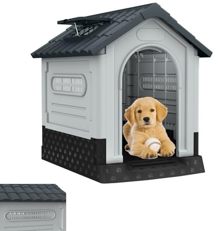 ORHEYA Kunststoff Hundehütte, Hundehöhle mit Tür, Oberlichtern, Lüftungsgitter und erhöhtem Boden, Haustierhaus Unterschlupf, Isoliertes Hundehaus für Draußen und Drinnen, 65 x 56,5 x 67 cm