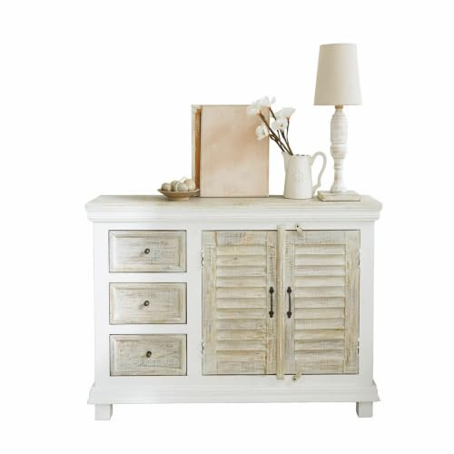 Loberon Nevellique Mobile Basso - Legno di Mango “Whitewash” - Ante a Listelli con Serratura Extra, Bianco Antico/Marrone Antico