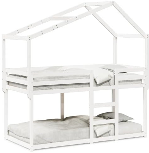 Gecheer Etagenbett Hochbett mit Lattenrost Kinderhochbett Doppelstockbett, mit Dach Weiß 90x190 cm Massivholz Kiefera