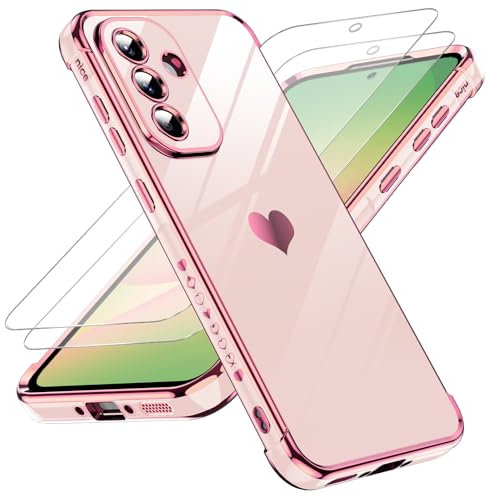 LeYi Funda para Samsung Galaxy A56/A 56 5G, Silicona Carcasa con 2pcs Cristal Templado, Corazón Amor Mujer Estuche Protector Galvanizado Suave TPU Bumper Resistente Antigolpes Móvil Case, Rosa