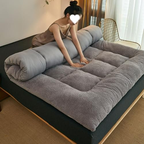 LIANTIAN Matratzenauflage aus Lammwolle in Queen-Size, verdickte, ultraweiche Kissenauflage für Feste Betten, Futon mit Daunenfüllung(Gray,90 * 200cm)