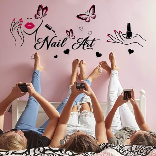 SUPERDANT Nail Art Wall Decal Nails Theme Wall Stickers with Butterfly Decals Stickers for Walls Vinyl Art Decor for Nail Salon Decor Gift for Girl Woman Bedroom Dressing Room Decoration